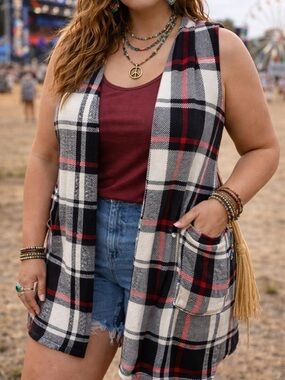 Mela Loves London Plaid Waterfall Open front Vest One Size